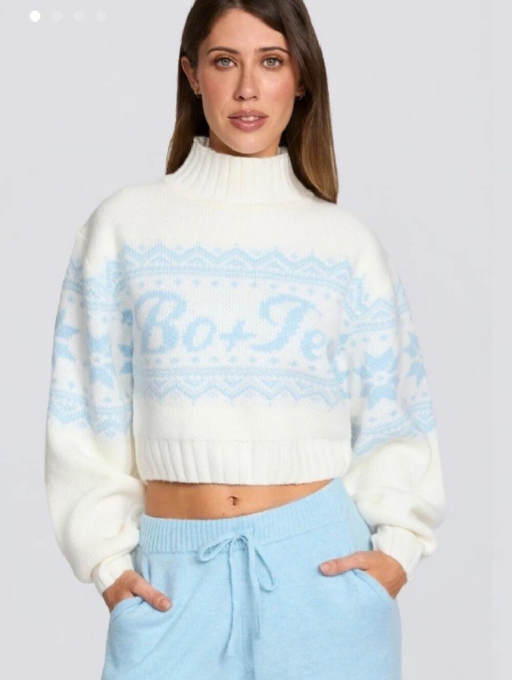 Bo+Tee Cropped Turtleneck Sweater in White & Pale Blue